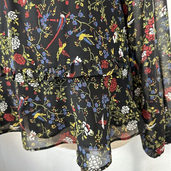 Madewell Top Women Size Small Bird Floral Dark Cottagecore Ruffle Peplum Blouse - Picture 6 of 14